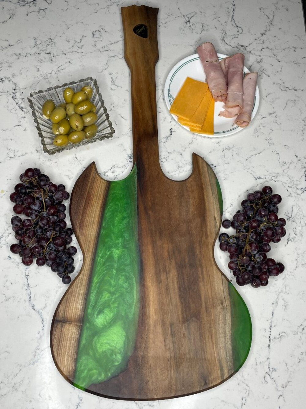 Guitar Shaped Black Walnut Charcuterie Board w/ Green Resin